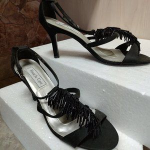 "TOUCH UPS" BLACK SATIN SANDALS W/BEADED FRINGE & 3.5" HEEL